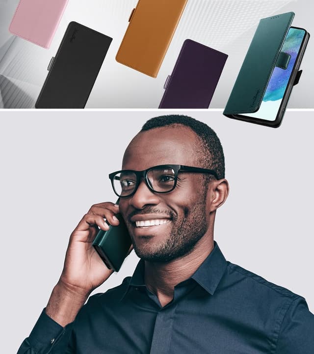 Detalle 2 de Yunubeyii Handyhülle für Samsung Galaxy S21 FE mit RFID-Blocker, Kartenfächern und Klapphülle-Ständer – grün