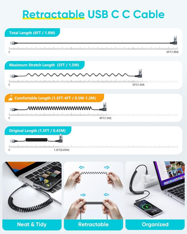 Detalle de SUNGUY câble USB-C spiralé à angle droit 1,8 m (2 pièces) USB-A vers USB-C pour CarPlay & Android Auto