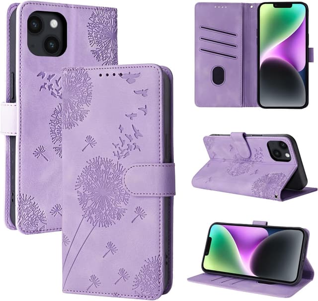 Detalle de Rostsant Handyhülle mit Magnetverschluss für iPhone 13 / iPhone 14 (6,1 Zoll) – Löwenzahn, PU-Leder-Flipcase mit Kartenfächern