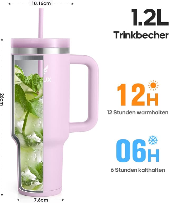 Detalle 2 de Gedux Trinkflasche mit Strohhalm 1,2 l – Thermobecher mit Henkel, doppelwandiger Vakuumisolierung und auslaufsicherem Deckel