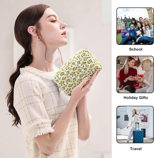 Thumbnail 6 de Long Keeper Floral Small Makeup Bag (Yellow) – Portable Cosmetic & Toiletry Pouch