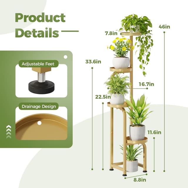 Detalle 2 de Bamworld Porta Piante da interno/esterno con struttura a 4 livelli e drenaggio, modello oro (22,3x22,3x116 cm)