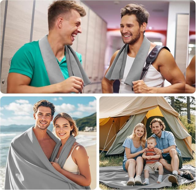 Detalle de Fosdaling Mikrofaser Handtuch 3er-Set (200×100 cm + 2× 80×40 cm) – schnell trocknendes Sport- und Reisehandtuch in Hellgrau