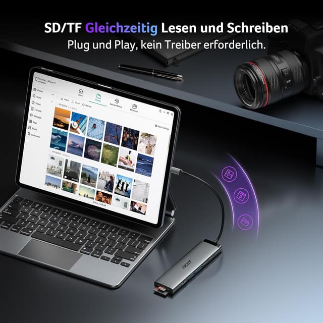 Detalle de acer 8-in-1 USB-C Hub (10Gbps) mit HDMI 4K@60Hz, SD/TF und USB-C PD bis 100W