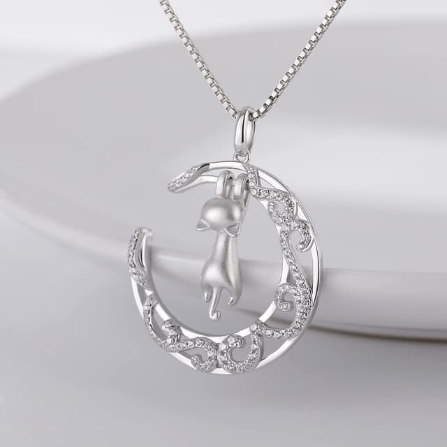 Detalle de jiamiaoi Katzen Halskette mit Anhänger (925 Silber) und Mondmotiv