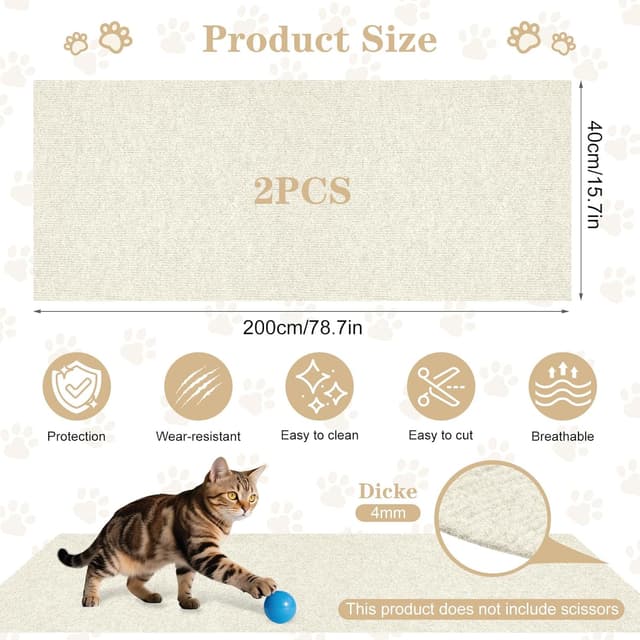 Detalle de Omtofo 2er-Pack selbstklebende Kratzschutzmatten für Sofa & Katzenliegeplätze (200 x 40 cm), cremefarben