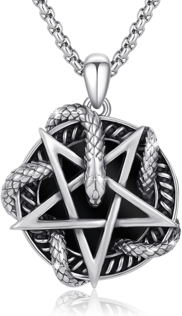 Detalle de PARYFO Gothic Anhänger Halskette aus Sterling Silber 925 mit Totenkopf-/Voodoo-/Schlangen-Design, Pentagramm & Edelstahlkette
