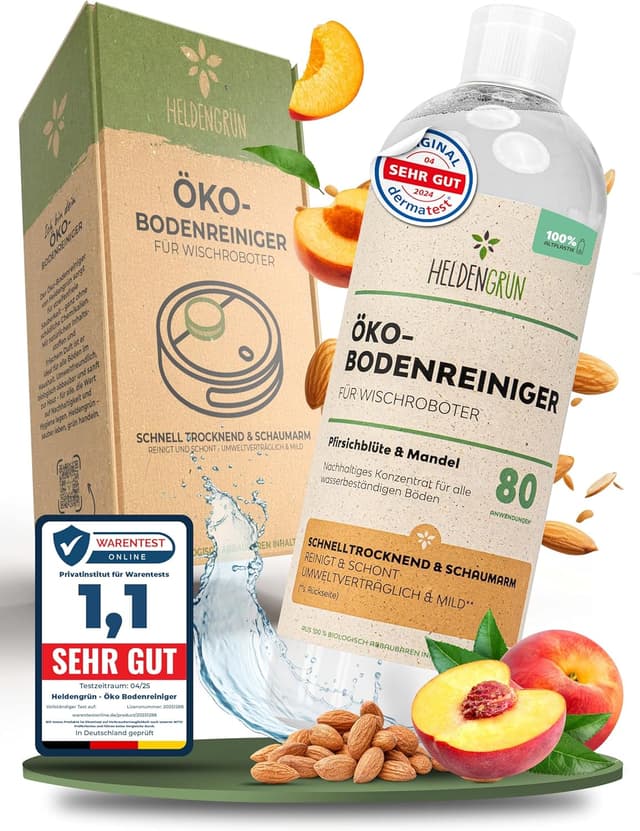Detalle de Heldengrün® Öko Bodenreiniger für Wischroboter Pfirsichblüte & Mandel – streifenfrei, schnelltrocknend & schaumarm