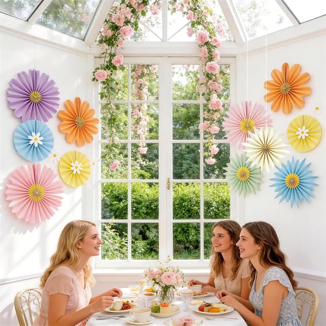 Thumbnail 6 de SUNBEAUTY 14 Papier-Fächer Deko-Set mit Blumen-Girlande in zarten Pastelltönen