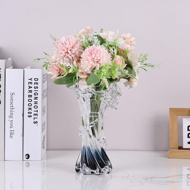 Detalle de Vase LINYTHER en verre soufflé à la main dégradé bleu/blanc transparent, style mer et vagues