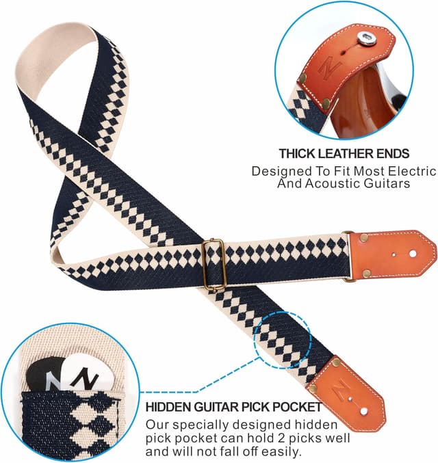 Detalle 2 de Nefelibata Gitarrengurt mit verdickten Leder-Enden (pflanzlich gegerbtes Rindsleder) für Akustik, Bass & E-Gitarre