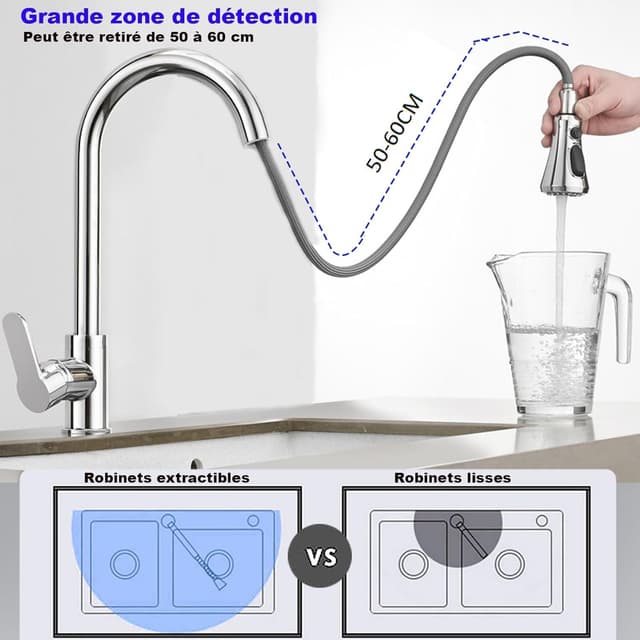 Detalle 2 de XWIHTR robinet de cuisine extractible pivotant 360° en acier inoxydable à 3 modes