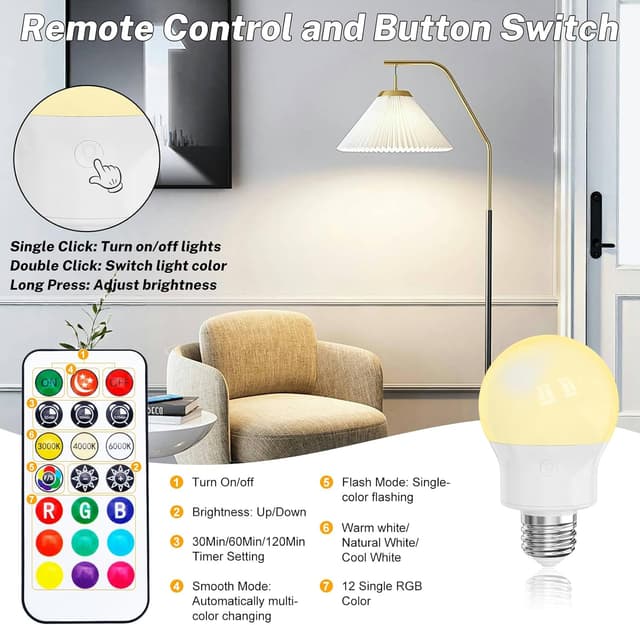 Detalle de LED Rechargeable Light Bulb with Remote (Magnetic E27) – 2 Pack, 3 CCT + 9 RGB, 3 Timers