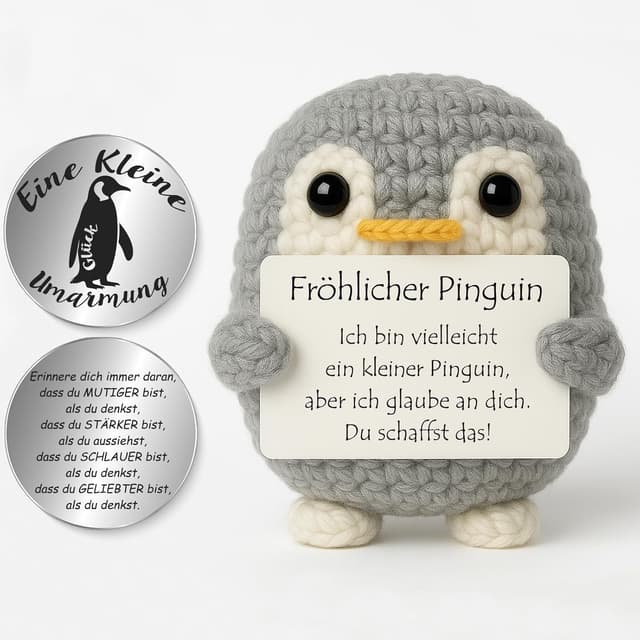 Detalle de Tixlux Pocket Hug Fröhlicher Pinguin – handgenähte Strick-Dekofigur mit Pinguin-Token (Grau)