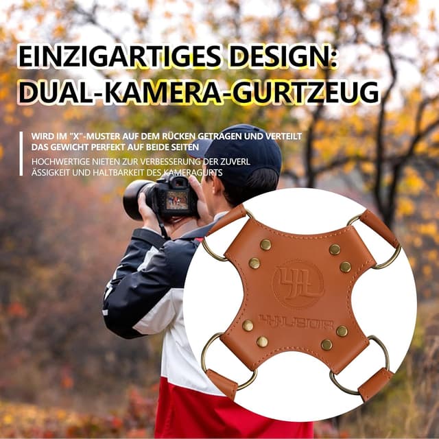 Detalle de 4J LEDR Dual-Kameragurt aus Leder – Doppel-Schultergurt für 2 Kameras mit Schnellverschluss