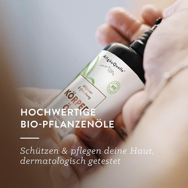 Detalle 2 de AllgäuQuelle® BIO Körperöl Set „Streichel Einheiten“ – 2 x 100 ml Pflanzenöle & naturreine ätherische Öle