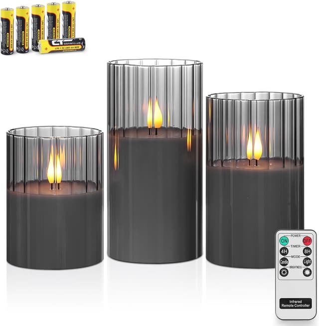 Detalle de Rhytsing Smoked Ribbed Glass Battery Operated LED Candles with Remote Timer Gift Set (Set of 3)