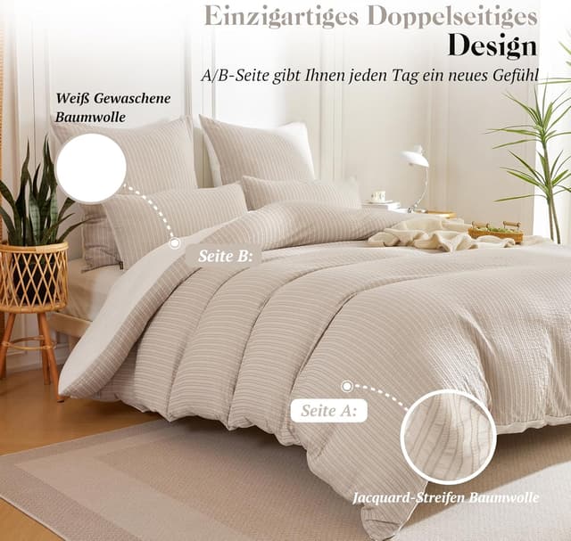 Detalle de SOULFUL Bettwäsche-Set 135x200 aus Baumwolle (gestreift, Jacquard) – beige mit OEKO-TEX 100