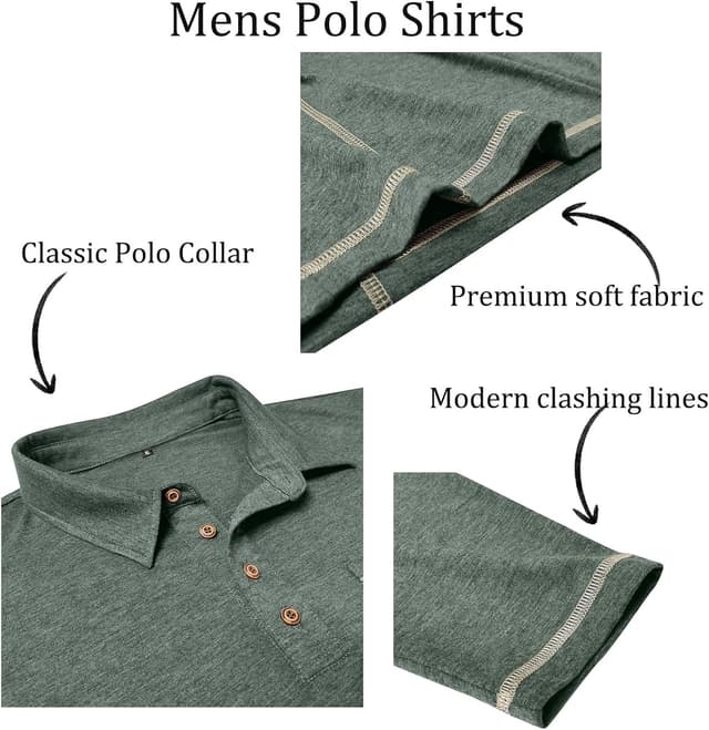Detalle 2 de Volemo Men’s Long Sleeve Polo Shirts with Pocket – Casual Cotton Golf Tops