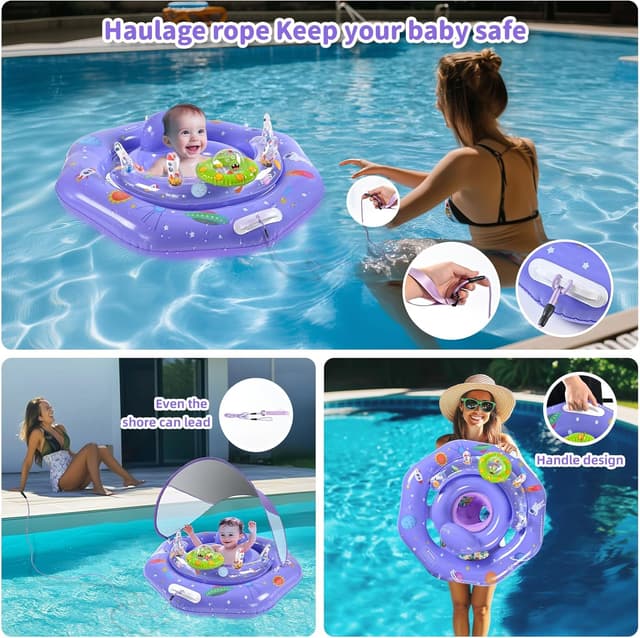 Detalle de GEEQUFLOAT Baby Pool Float with Canopy, Interactive Play Console & Adjustable Safety Seat