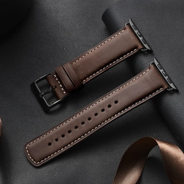 Detalle de Bracelet Apple Watch en cuir véritable WFEAGL (44/45/46/49 mm et 42 mm) pour Series/SE/Ultra, café ou noir