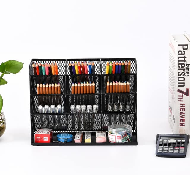 Detalle 2 de Marbrasse Mesh Desk Organiser with 9 compartments – multi-functional pen holder for home office & school