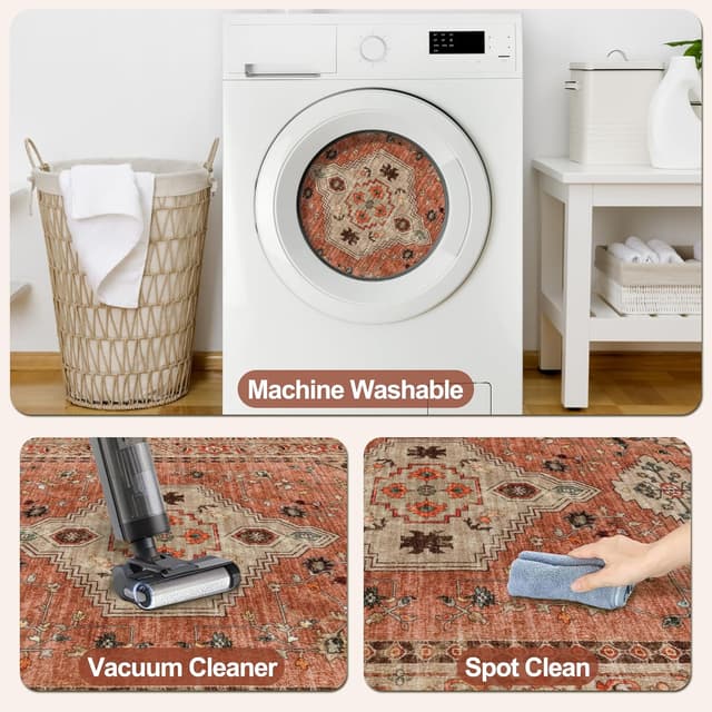 Detalle de Tangsoo Boho 6x9 Washable Area Rug with TPE Non-Slip Backing, Low Pile Terracotta Print (Oriental Vintage)