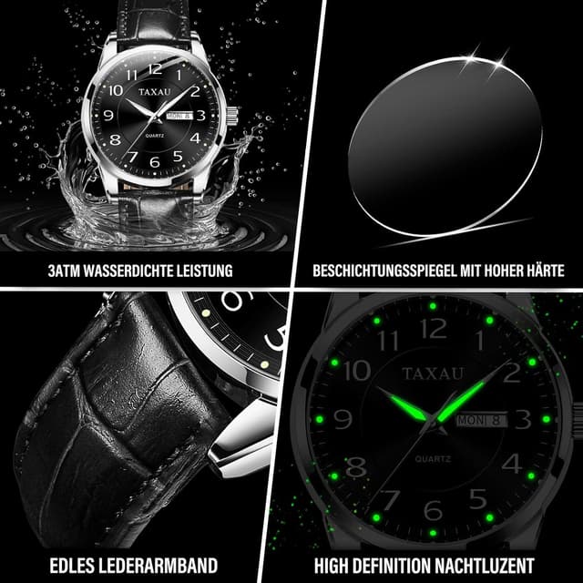 Detalle 2 de Taxau klassische Lederuhr für Herren mit Analog-Quarzwerk, Big Dial, 41 mm, wasserdicht bis 30 m