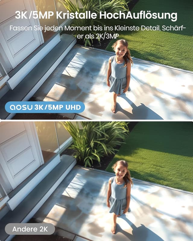 Detalle de aosu 3K 5MP Akku-Überwachungskamera außen 2er-Set + Aosubase (32 GB, lokal) mit Personenerkennung