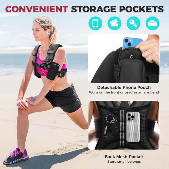 Detalle de BAGAIL Comfort-Fit Weighted Vest for Women (Detachable Phone Pouch, Reflective Stripes, 5–30 lbs)
