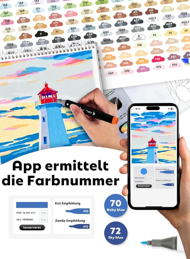 Detalle de HornedDragon 204 Farben Alkoholmarker mit App – Twinmarker mit Doppelspitze (Meißel & Feine Spitze)
