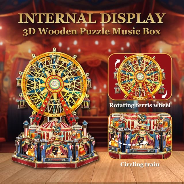 Detalle de STRUCWOOD DIY 3D Holzpuzzle Riesenrad (Hundertjahr-Riesenrad) inkl. Lichtern & Musik – Miniatur-Zirkushaus als Bauset