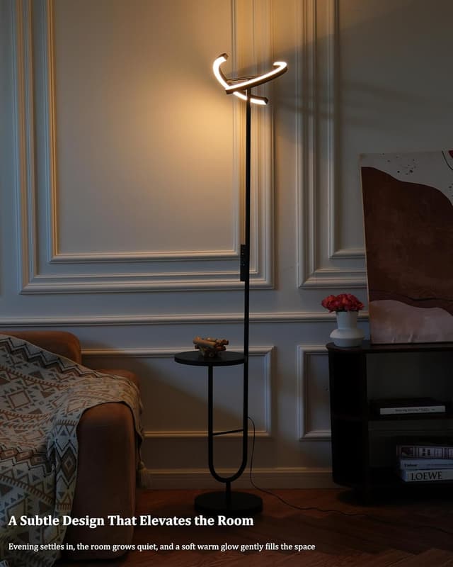 Detalle de LuminexDesigns Floor Lamp with Shelf, 36W Dimmable LED (Remote, 360° Head) — Modern Black Corner Uplighter