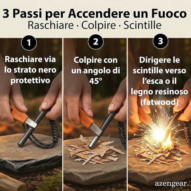 Detalle de aZengear Accendifuoco Firesteel Ferrocerio XXL con raschietto HSS e paracord fluorescente