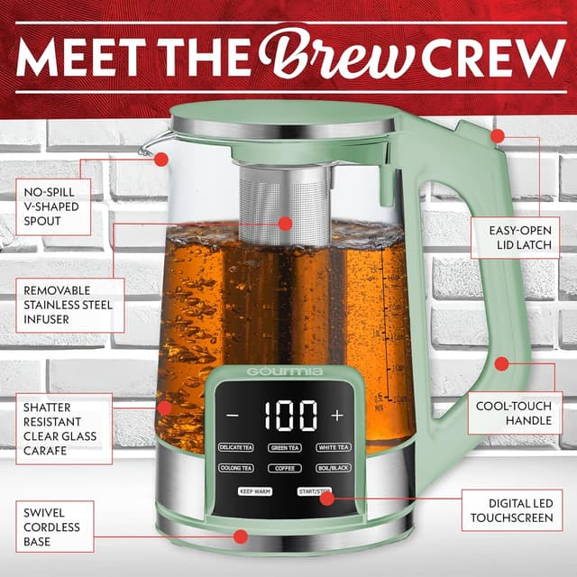 Detalle 2 de Gourmia Electric Glass Kettle (1.7L) with 6 Presets, Removable Stainless Infuser & Digital Touch Display (Green)