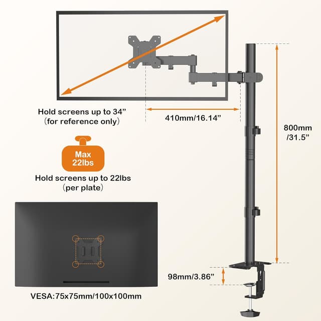 Detalle de Bracwiser MD7821 Monitorarm mit stufenlos einstellbarer Stehhöhe (800 mm) für 13–32" Bildschirme, VESA 75/100