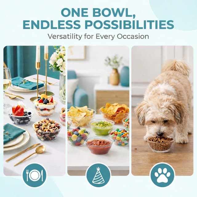 Detalle de JoyServe Clear Mini Plastic Bowls (Bulk 100 Pack) — 6 oz Disposable Dessert & Serving Bowls