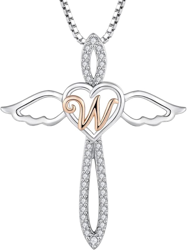 Detalle de FJ Letter Initial Necklace in 925 Sterling Silver with Guardian Angel Pendant