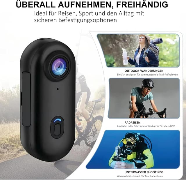 Detalle de Mini Action Kamera 1080P Körperkamera wasserdicht mit WLAN-App, Magnet- und 360°-Clip
