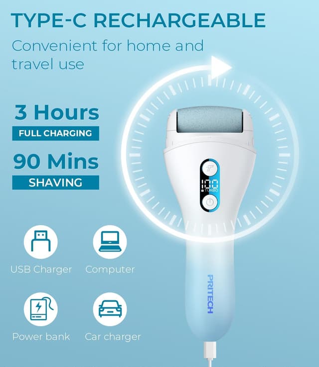 Thumbnail 6 de PRITECH elektrischer Hornhautentferner für die Fußpflege (wiederaufladbar) – Hornhautfeile mit Turbo-Modus, IPX7, blau