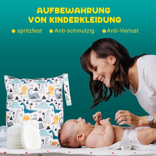 Detalle de Loscarol Wetbag Kindergarten (2er Set), große & kleine Nasstasche für Windeln – Dino