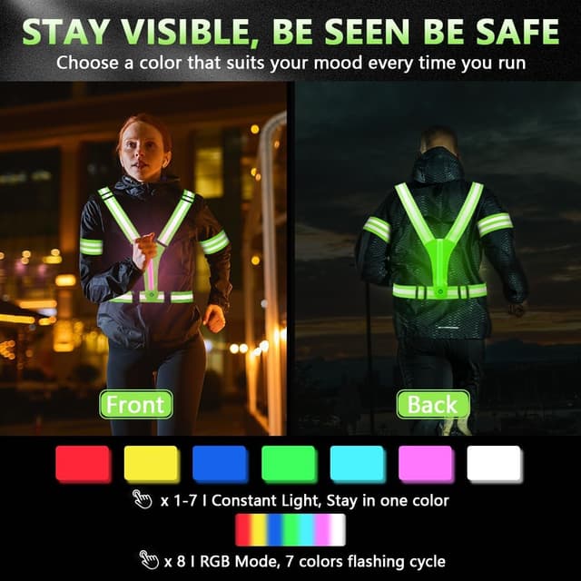 Detalle de Adiwo LED Reflective Running Vest with 8 Light Colours, USB-C Rechargeable