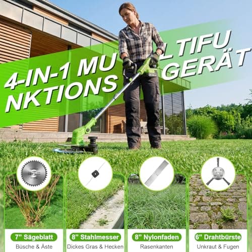 Detalle de VOERJIA Desbrozadora a Batería 21V 850W (Pro) con pantalla LCD, 2 baterías 2.0Ah y rotocortabordes 4-en-1