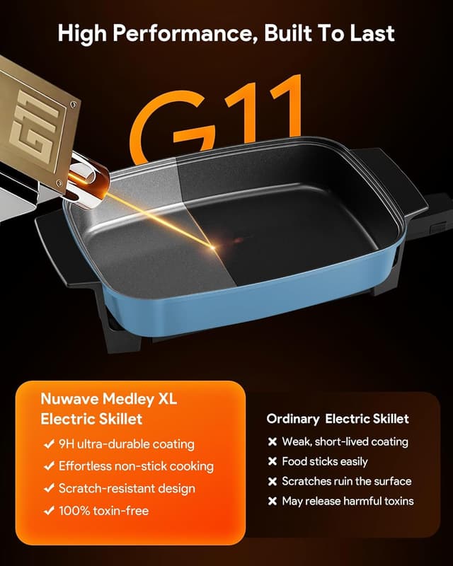Detalle de Nuwave Medley XL Digital Electric Skillet (7-qt) with Tempered Glass Lid, 100°–425°F Precision Heating, PFAS-Free G11 Nonstick