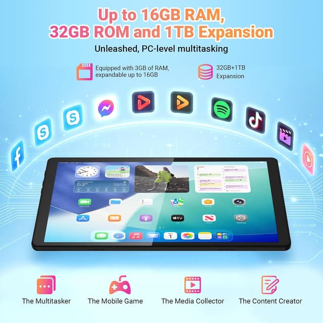 Detalle de Gleeso 10-inch Android 16 Tablet (16GB RAM, 1TB TF, Widevine L1, BT 5.4/5G WiFi) with Face Unlock – Black