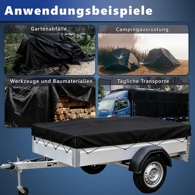 Thumbnail 6 de Premium Anhängerplane 207,5 x 114 cm (Rand 10 cm) aus 600D Oxford, schwarz – flache Abdeckplane für PKW-Anhänger