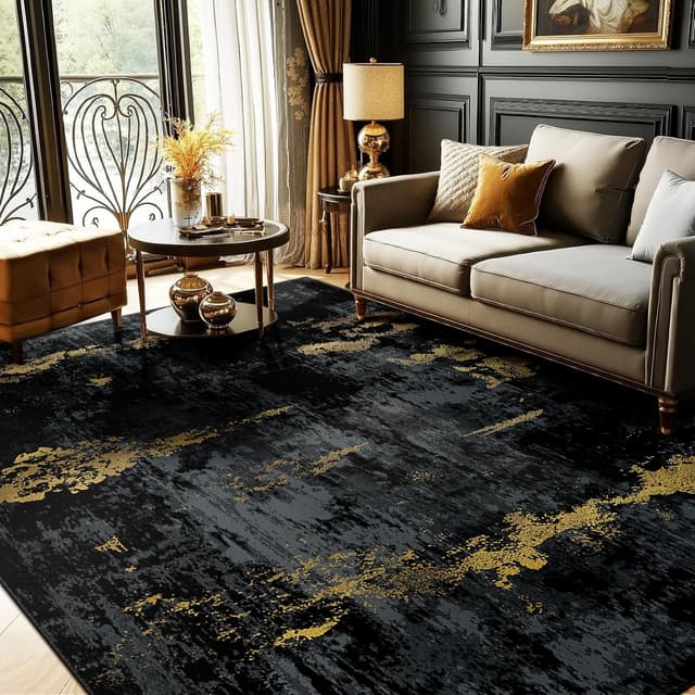 Detalle de RELEANY Washable Area Rug 5'x7' Non-Slip Modern Abstract (Dark Black Gold)