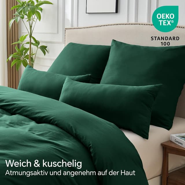 Detalle de BEDELITE Kissenbezug 40x80 cm aus Baumwolle, dunkelgrün – 2er-Set mit extra langem Reißverschluss