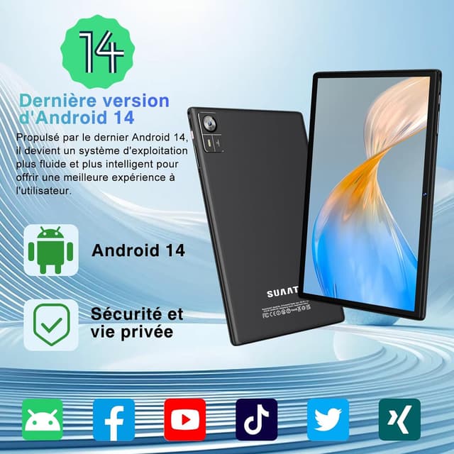 Detalle de Tablette 10 pouces Android 2026 SUAAT S10 Octa Core 5G + Wi-Fi 2,4G, 22 Go RAM + 128 Go ROM (ext. TF), FHD, étui + clavier et souris – Noir