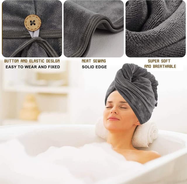 Detalle de KinHwa XL Turban-Handtuch mit Knopf aus Mikrofaser, 30 x 70 cm – 2er-Pack, grau